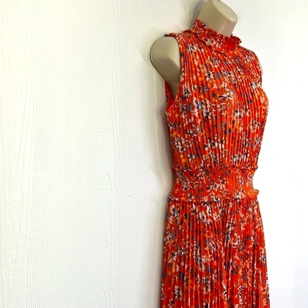 Nanette Lepore - Orange Multi Floral Pleated Sleeveless Midi Dress Size 8 - Picture 4 of 12